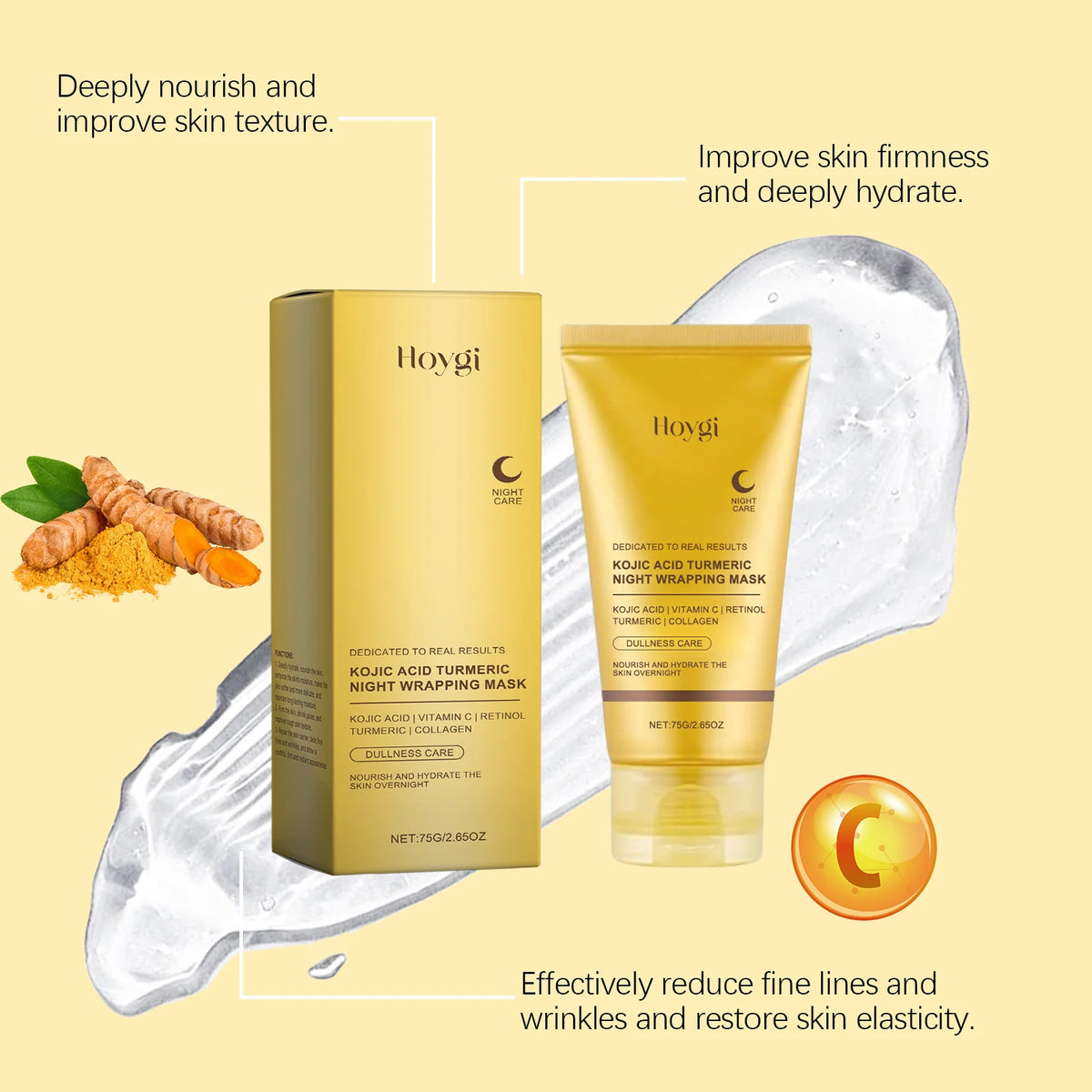 Hoygi – Masque de Nuit Enveloppant Acide Kojique & Curcuma | Anti-Terne & Nourrissant 75g