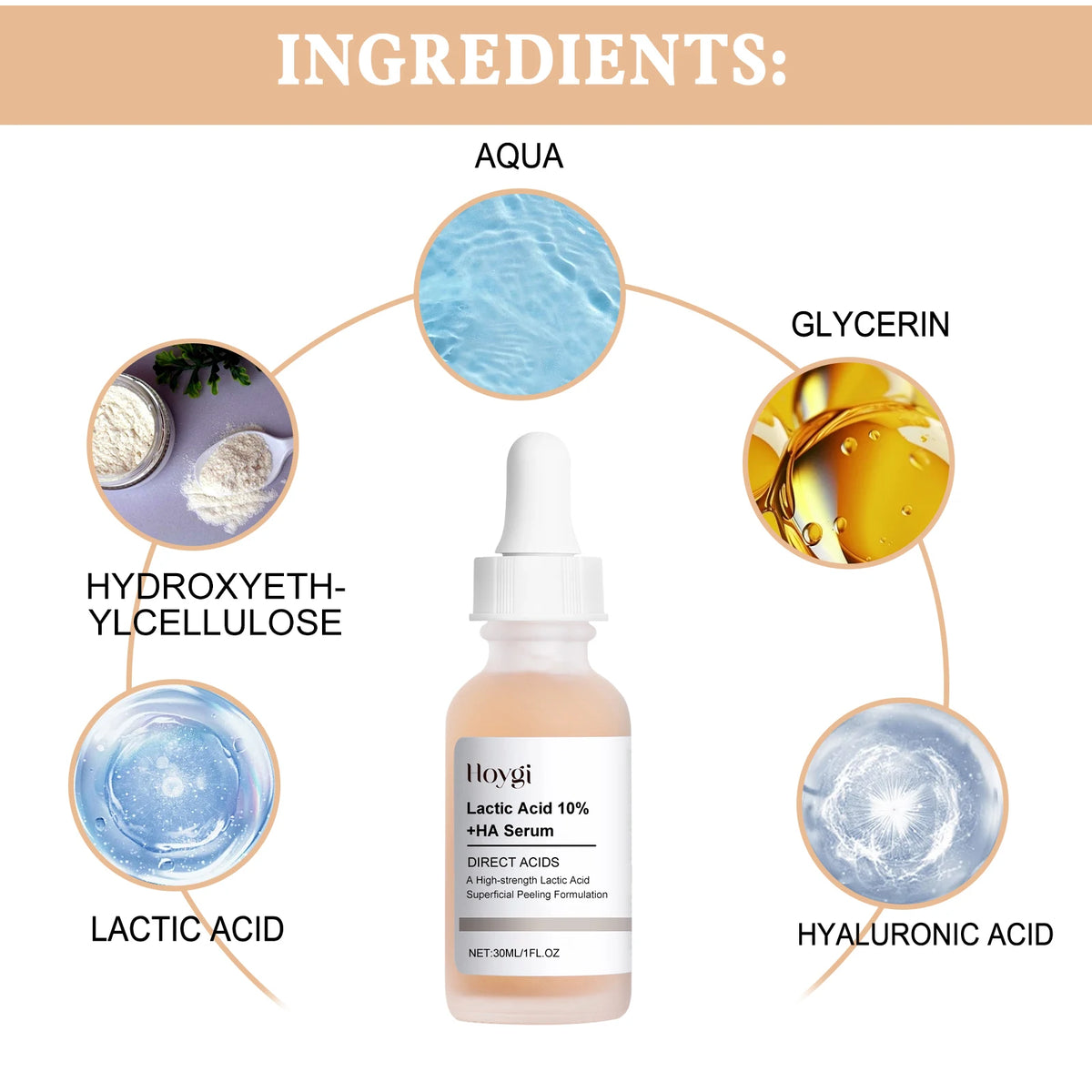 Hoygi – Sérum Lactic Acid 10% + Acide Hyaluronique | Exfoliant & Lissant 30ml
